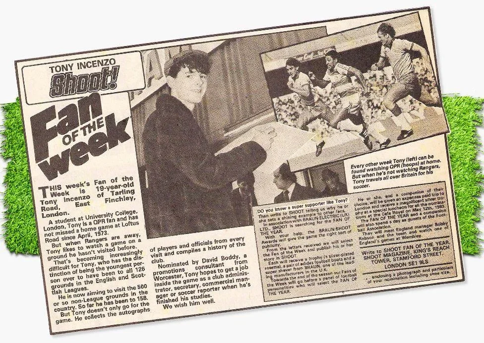 A photograph of football groundhopper Tony Incenzo featured in Shoot magazine in 1983