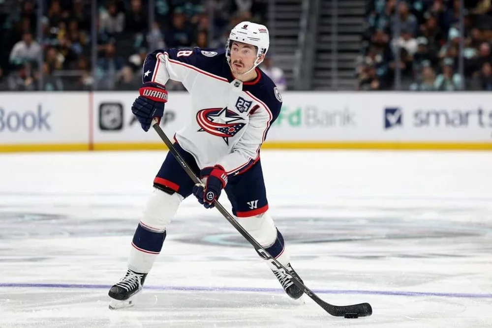 Zach Werenski of the Columbus Blue Jackets plays the puck against the Seattle Kraken on Nov. 11, 2025.